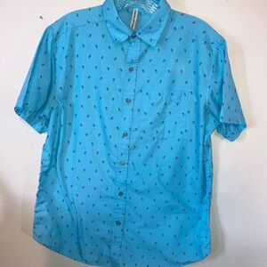 Blue with Palm Tree Print Button‎ Down Shirt